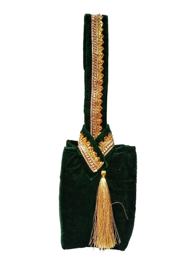athizay Ethnic Handbags for Women Royal Gold Green Velvet potli bags Handcrafted Small Purses and Pouches - Image 1